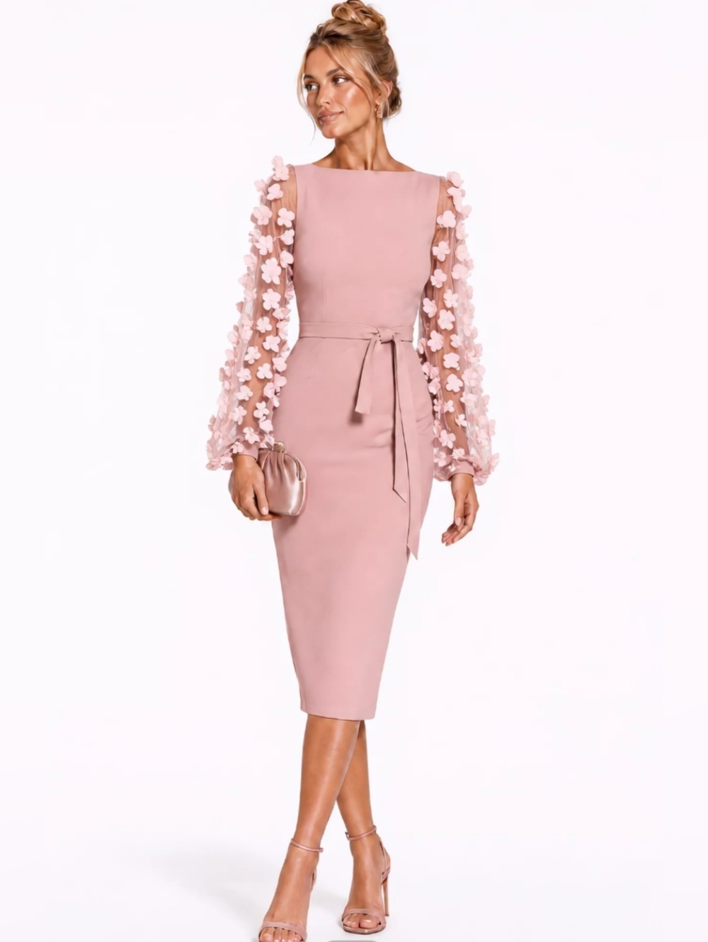 Pink Boatneck Midi Dress with Accent Flower Bloussant Sheer Sleeves